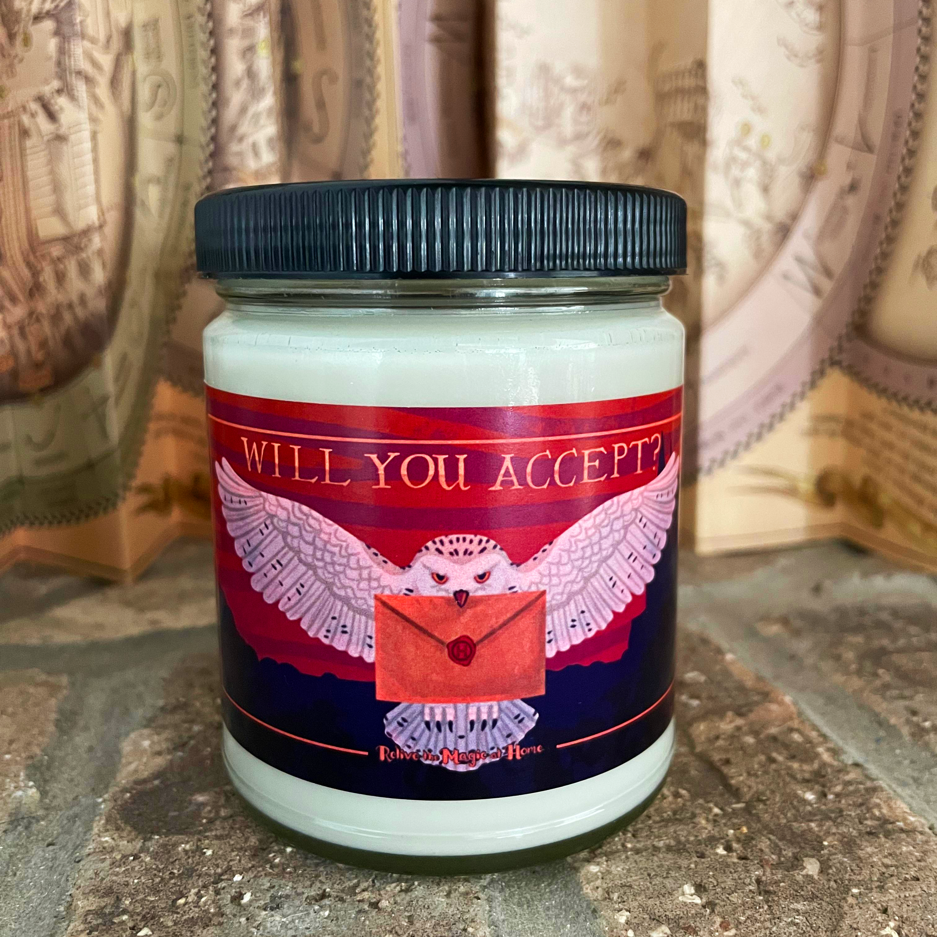 "Will You Accept? – Enchanting Owl Candle with Red-Sealed Envelope | Cozy Cabin & Forest Scent | Perfect Gift for Fantasy Lovers