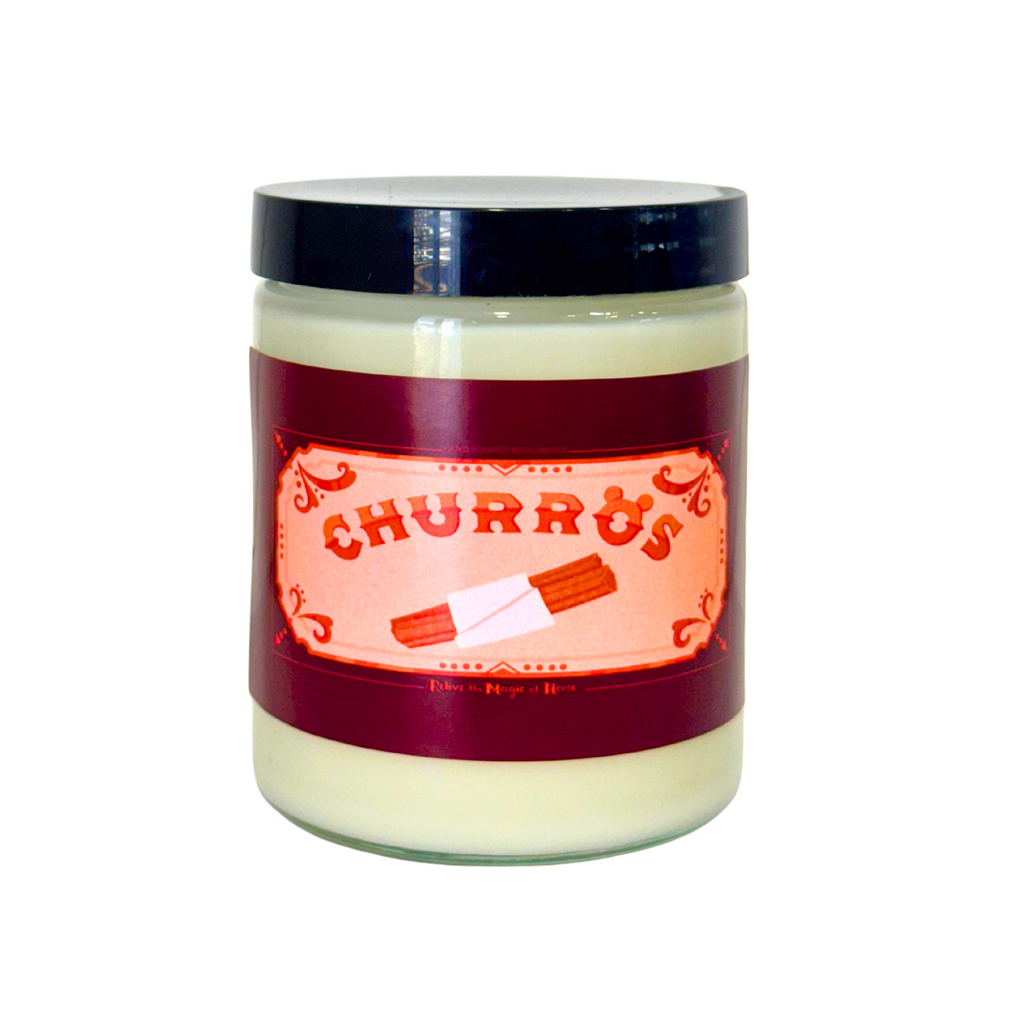 Candle jar with a 'Churros' label on a white background