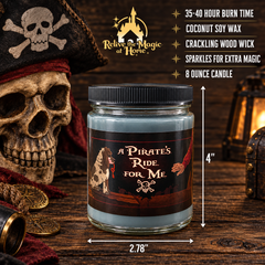 An 8 oz glass jar candle with a black lid and a pirate-themed label reading 'A PIRATE'S RIDE FOR ME', shown on a rustic wooden surface with a skull, treasure, and lantern props. Text on the right lists product features, and dimension arrows indicate 4 inches tall by 2.