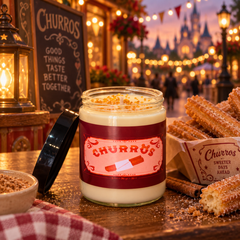 A jar candle labeled "Churros" with a cream-colored wax body and a dark red label, styled on a wooden table with churros, cinnamon sticks, and a lantern in the foreground. A blurred castle and festive lights appear in the background.