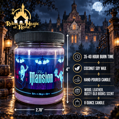A 4-inch jar candle labeled 'The Mansion' by Relive the Magic at Home, shown in front of a spooky moonlit mansion background. The candle has a black lid and a dark purple label with ghost illustrations.