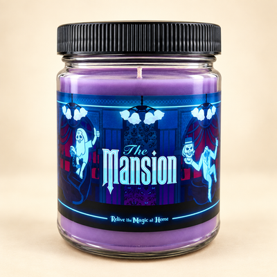 A purple wax candle in a clear glass jar with a black ribbed lid and a decorative label reading 'The Mansion' in glowing blue text, shown on a plain beige background.