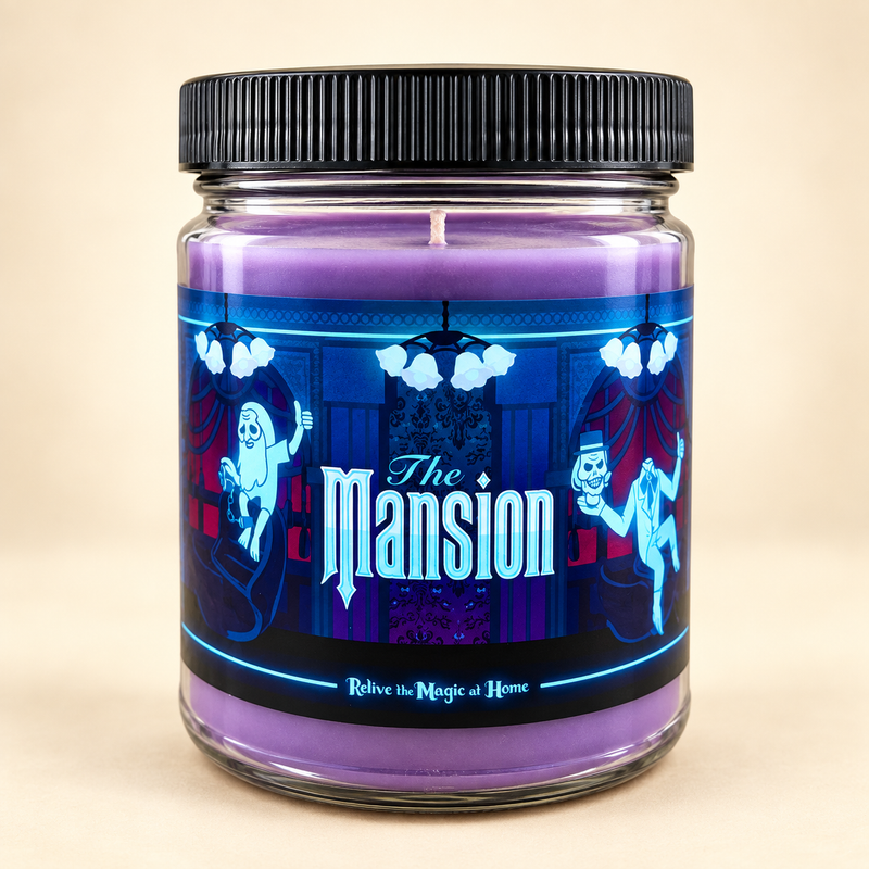 A purple wax candle in a clear glass jar with a black ribbed lid and a decorative label reading 'The Mansion' in glowing blue text, shown on a plain beige background.