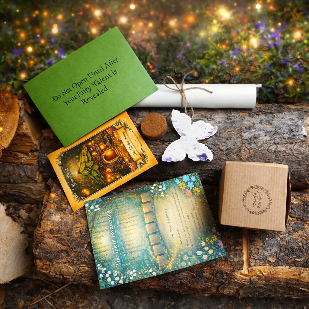 Fairy Talent Bundle: Card, Butterfly Seed Paper, Soil Pod, Calendar, and Fairy Talent Candle in a Square Box