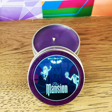 Load image into Gallery viewer, The Mansion Candle | 4 Ounces | Featuring Hitchhiking Ghosts, Ride Car, and Iconic Wallpaper from The Mansion
